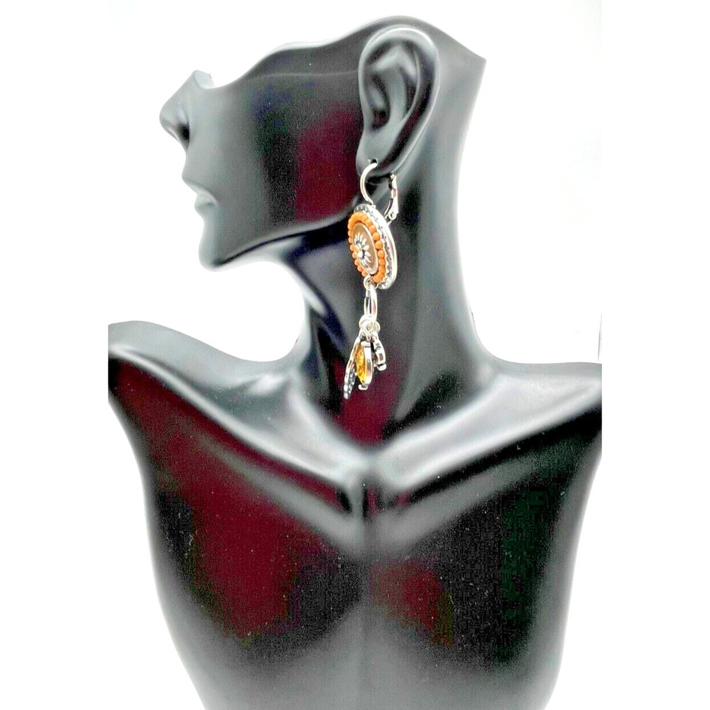 Tribal Celestial Charms Style Silver Tone Amber Dangle Drop Pierced Earrings - Picture 3 of 16